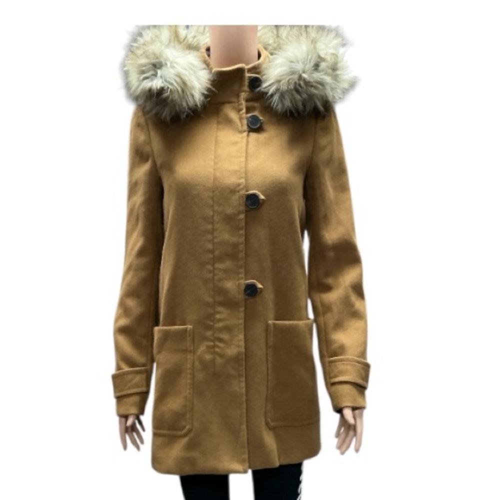 Zara - EC - Tan Pea Coat with Removable Faux Fur Hood